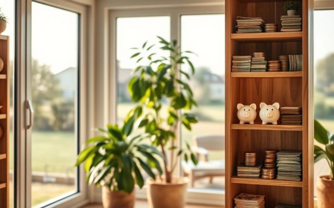 A cozy home interior with a wooden shelving unit prominently displayed in the foreground. The shelves are adorned with stacks of neatly organized bills, coins, and a few small ceramic piggy banks. The lighting is soft and warm, creating a sense of security and financial well-being. In the middle ground, a lush indoor plant adds a touch of nature, while the background features a large window overlooking a peaceful suburban landscape, emphasizing the comfort and stability of saving money. The overall composition conveys a feeling of financial discipline, prudence, and the rewards of responsible money management.