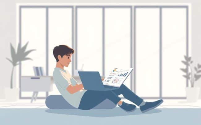 A serene and minimalist illustration of "Investing for Beginners". In the foreground, a young person sits comfortably, studying financial documents and charts on a sleek laptop. The background features a clean, modern office setting with large windows allowing natural light to flood the scene, creating a sense of openness and clarity. Soft, diffused lighting casts a warm glow, conveying a sense of focus and thoughtfulness. The overall composition is balanced and uncluttered, reflecting the simplicity and accessibility of the subject matter. The mood is one of calm, informed decision-making, perfectly suited to illustrate the "Investing for the Future" section of the article.