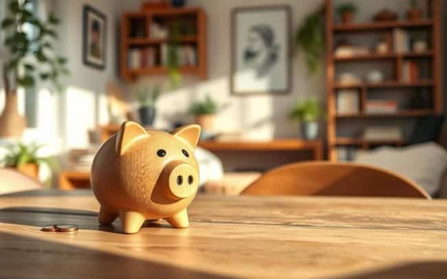 An emergency family fund, a secure financial lifeline for unexpected challenges. A wooden piggy bank rests on a rustic wooden table, its coin slot inviting regular contributions. In the background, a warm-toned room with bookshelves, plants, and cozy decor, conveying a sense of domestic tranquility and preparedness. Soft, natural lighting illuminates the scene, casting gentle shadows that add depth and dimension. The overall atmosphere exudes a feeling of stability, responsibility, and the comfort that comes from having a safeguard against life's uncertainties.
