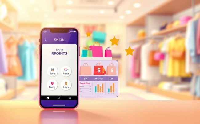 A bright, engaging digital illustration depicting a colorful SHEIN rewards system concept. In the foreground, showcase a stylish, modern smartphone displaying the SHEIN app interface with prominent "Earn Points" icons. The middle layer features visually appealing graphics of shopping bags, star rewards, and point accumulation charts set against a soft, inviting shopping backdrop. The background should have a blurred image of a trendy boutique filled with fashionable clothing and accessories, conveying a vibrant shopping atmosphere. Ensure warm, natural lighting enhances the appeal, creating a friendly and motivating mood. Use a slightly angled perspective to give depth and focus to the smartphone and points-related visuals, drawing the viewer’s attention to the rewards process effectively.