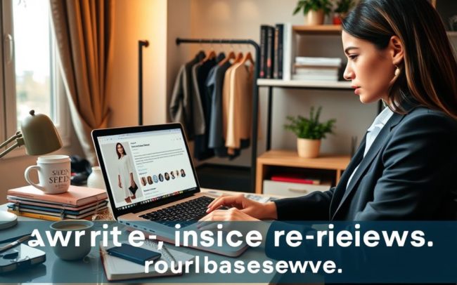 A cozy home office setting with a stylish desk cluttered with SHEIN clothing items and accessories, showcasing a laptop displaying a detailed product review. In the foreground, a young woman in professional business attire is thoughtfully typing her feedback, her expression focused and engaged. The middle layer features soft lighting emanating from a nearby window, creating a warm and inviting ambiance. On the desk, a neatly arranged notebook and a steaming cup of coffee add to the atmosphere of productivity. In the background, a shelf lined with fashion books and decorative plants enhances the stylish aesthetic, embodying the theme of fashion and detail-oriented feedback. The overall mood is encouraging, reflecting the importance of writing thorough reviews for earning rewards.