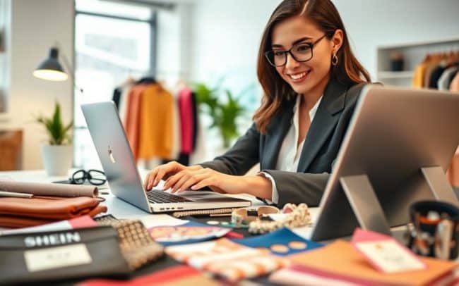A modern workspace featuring a young woman in stylish professional attire, sitting at a clean desk filled with SHEIN clothing items and accessories. She is focused on her laptop, reviewing items from the SHEIN free trial program, with visible excitement on her face. In the foreground, a close-up of her hands typing and comparing product reviews showcases the testing process. The middle ground shows a colorful array of SHEIN products, neatly arranged, with a soft glow highlighting their details. The background features a well-lit room with contemporary decor and a hint of greenery, creating a fresh and inviting atmosphere. The lighting is bright and warm, enhancing the collaborative mood. The angle is slightly elevated, providing a dynamic view of the scene.