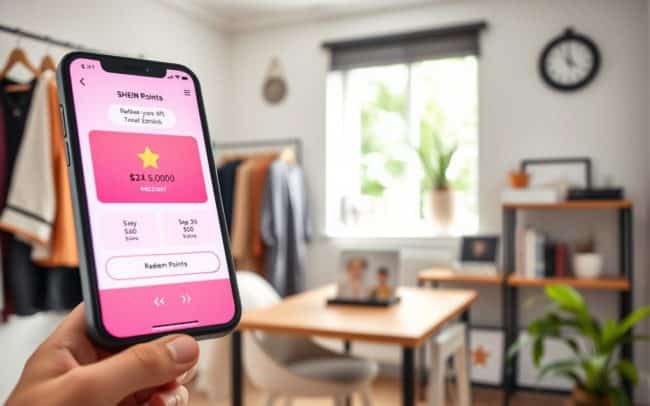 A serene and inviting checkout scene at an online fashion retailer, emphasizing the process of redeeming SHEIN points. In the foreground, a smartphone displays a vibrant checkout screen featuring a 'Redeem Points' button alongside appealing discounts. The middle layer showcases a stylishly decorated home office with a soft pastel theme, incorporating fashion elements like hanging clothes and accessories, creating a shopping vibe. The background features a tasteful wall-mounted shelf adorned with stylish fashion books and decorative items, softly illuminated by natural light streaming in from a nearby window. The atmosphere feels upbeat and rewarding, evoking excitement about saving money through point redemption, with lush greenery visible outside, enhancing the sense of freshness and opportunity.