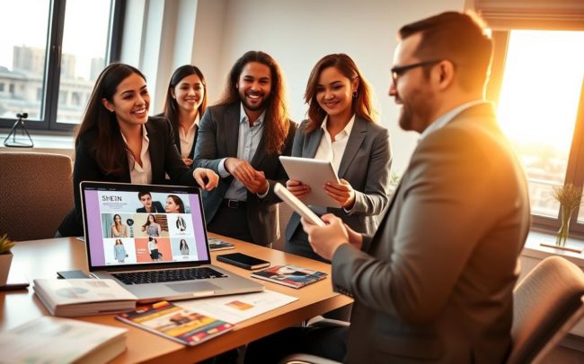A vibrant, professional workspace featuring a diverse group of individuals in business attire, discussing their earnings from the SHEIN affiliate program. In the foreground, a young woman points excitedly at a laptop displaying SHEIN's website, highlighting fashionable clothing items. Beside her, a man holds a tablet, analyzing sales data, with expressions of enthusiasm and collaboration. The middle ground features an organized desk with affiliate marketing materials such as brochures and promotional graphics. In the background, a window reveals a bright, sunny day, symbolizing success and opportunity. The lighting is warm and inviting, creating a positive atmosphere. Shot from an angle that captures the team dynamic, emphasizing teamwork and potential financial growth.