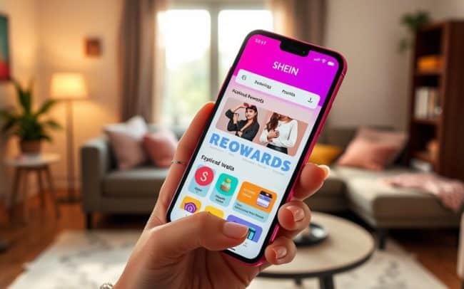 A vibrant smartphone screen displaying the SHEIN app interface, prominently showcasing the rewards section. In the foreground, a hand is holding the phone, with manicured nails and subtle jewelry, conveying a sense of style. The middle layer features the rewards details on the screen, with colorful icons symbolizing various rewards like discounts, points, and fashion items. The background features a cozy, modern home environment with soft, natural lighting streaming through a window, creating a warm and inviting atmosphere. The angle captures the phone slightly tilted to offer a clear view of the app, emphasizing accessibility and engagement with the SHEIN rewards. The mood is cheerful and inviting, encouraging users to explore app-exclusive offers.