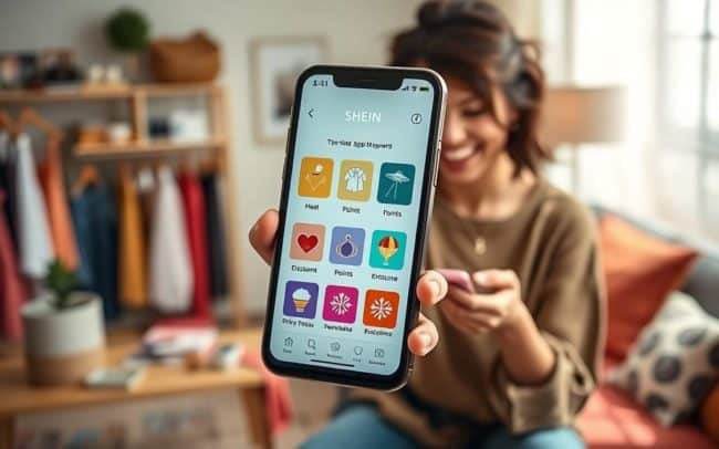 A visually engaging depiction of the SHEIN app rewards program, featuring a smartphone displaying the SHEIN app interface, prominently showcasing vibrant icons for discounts, points, and exclusive deals. In the foreground, showcase the phone slightly angled towards the viewer, with a person in modest casual clothing happily interacting with the app, exuding excitement. The middle layer includes an inviting, colorful setting that resembles a cozy home environment, perhaps a stylish workspace or a comfortable lounge, filled with fashionable clothing items subtly placed. The background should be softly blurred, depicting a light-filled room that conveys a warm and encouraging atmosphere. Use natural lighting to highlight the smartphone's screen, ensuring clarity of the app details, with a focus on creating a positive, dynamic mood that reflects the exclusive benefits of the SHEIN app rewards.